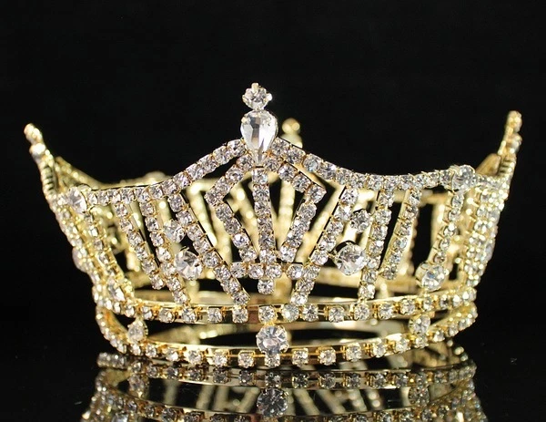 MISS AMERICA FULL CROWN CLEAR AUSTRIAN RHINESTONE HAIR TIARA PAGEANT T1297 GOLD - Image 4 of 4