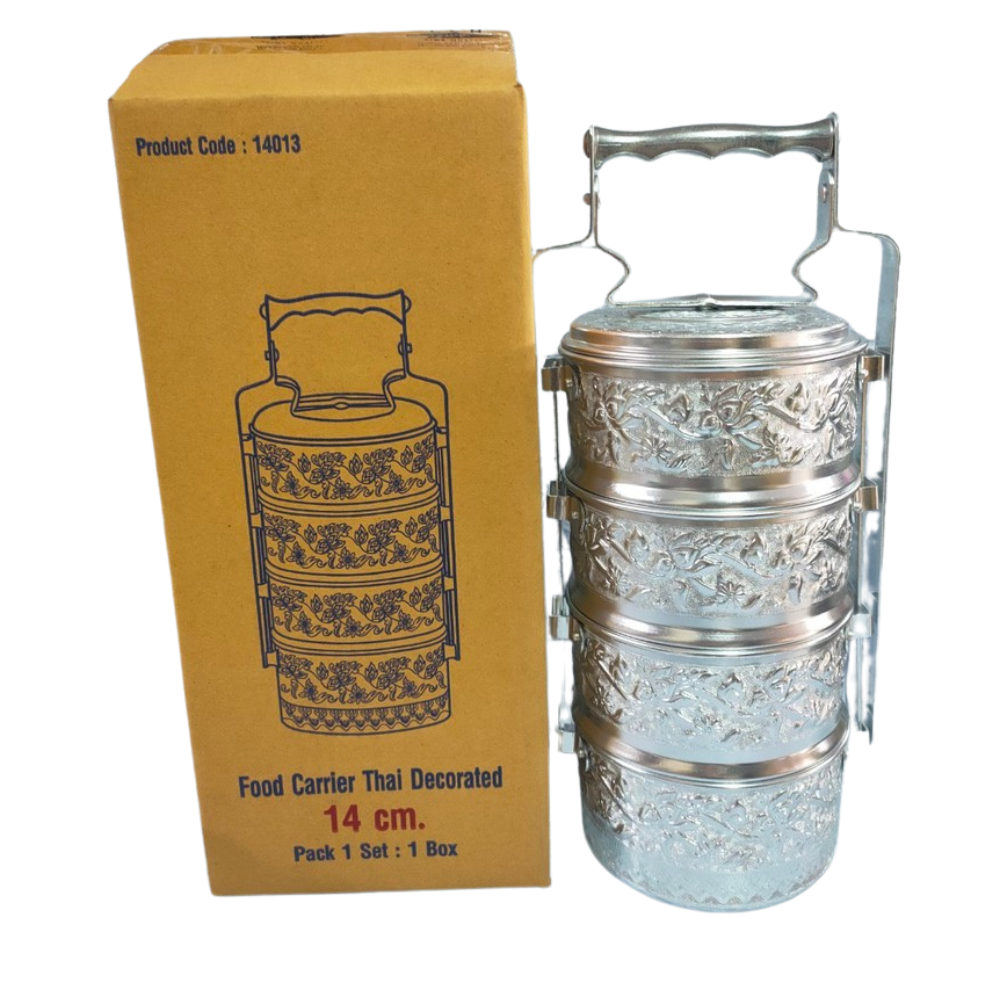 Food Carrier Thai Decorated 4 Stacks 14cm Aluminium Silver Pinto Sale Promotion