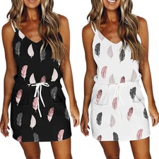 Ladies Leaves Printed Sleeveless V Neck Sling Dress Casual Beach Mini Dresses