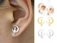 Crescent Moon Cat Stud Earrings Surgical Stainless Steel