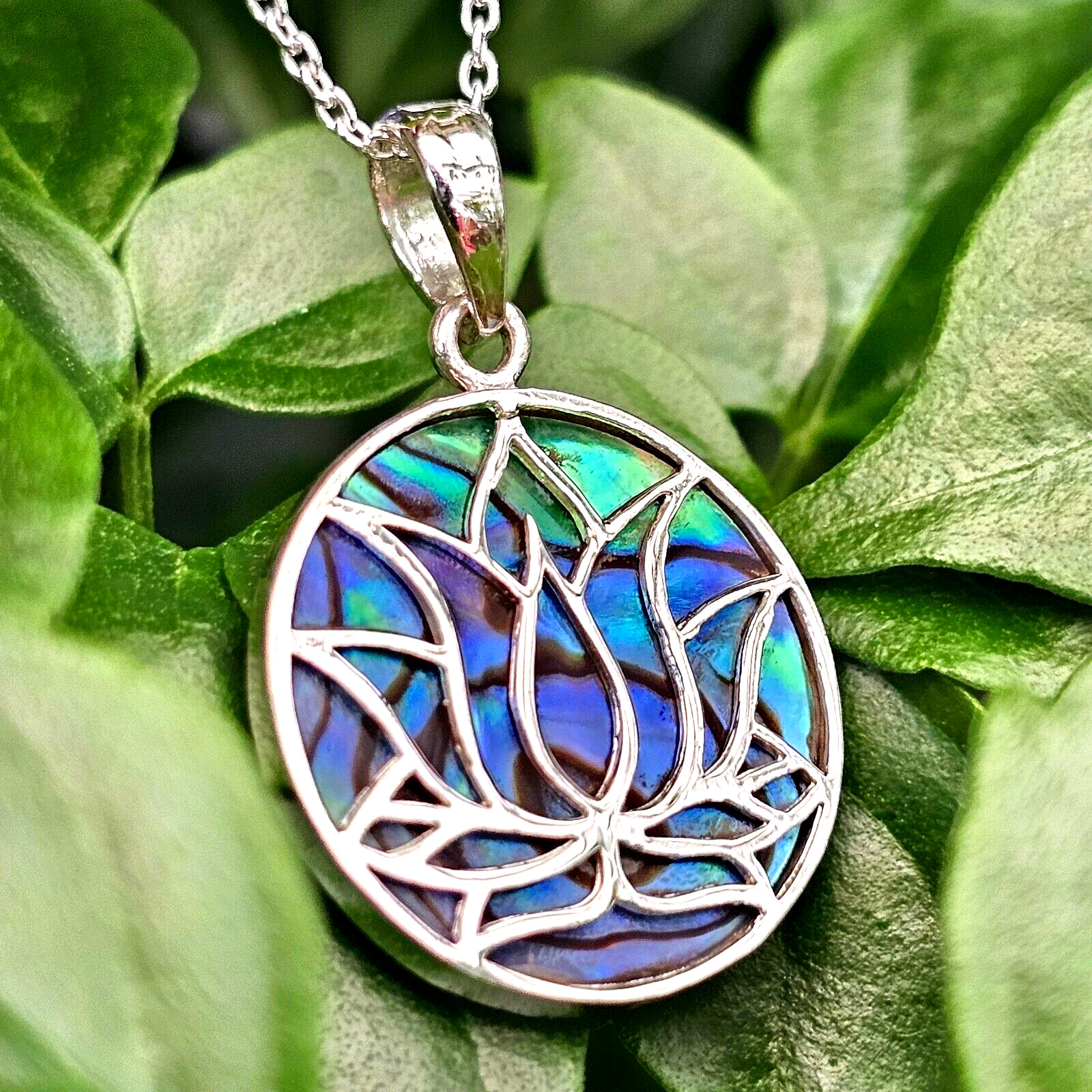 Lotus Flower Pendant Abalone Paua Shell 925 Sterling Silver 18" Necklace & Boxed