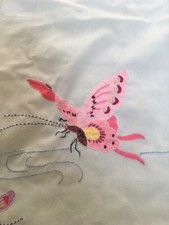 Vintage Hand Embroidered Green Apron Pink Butterfly Floral Children