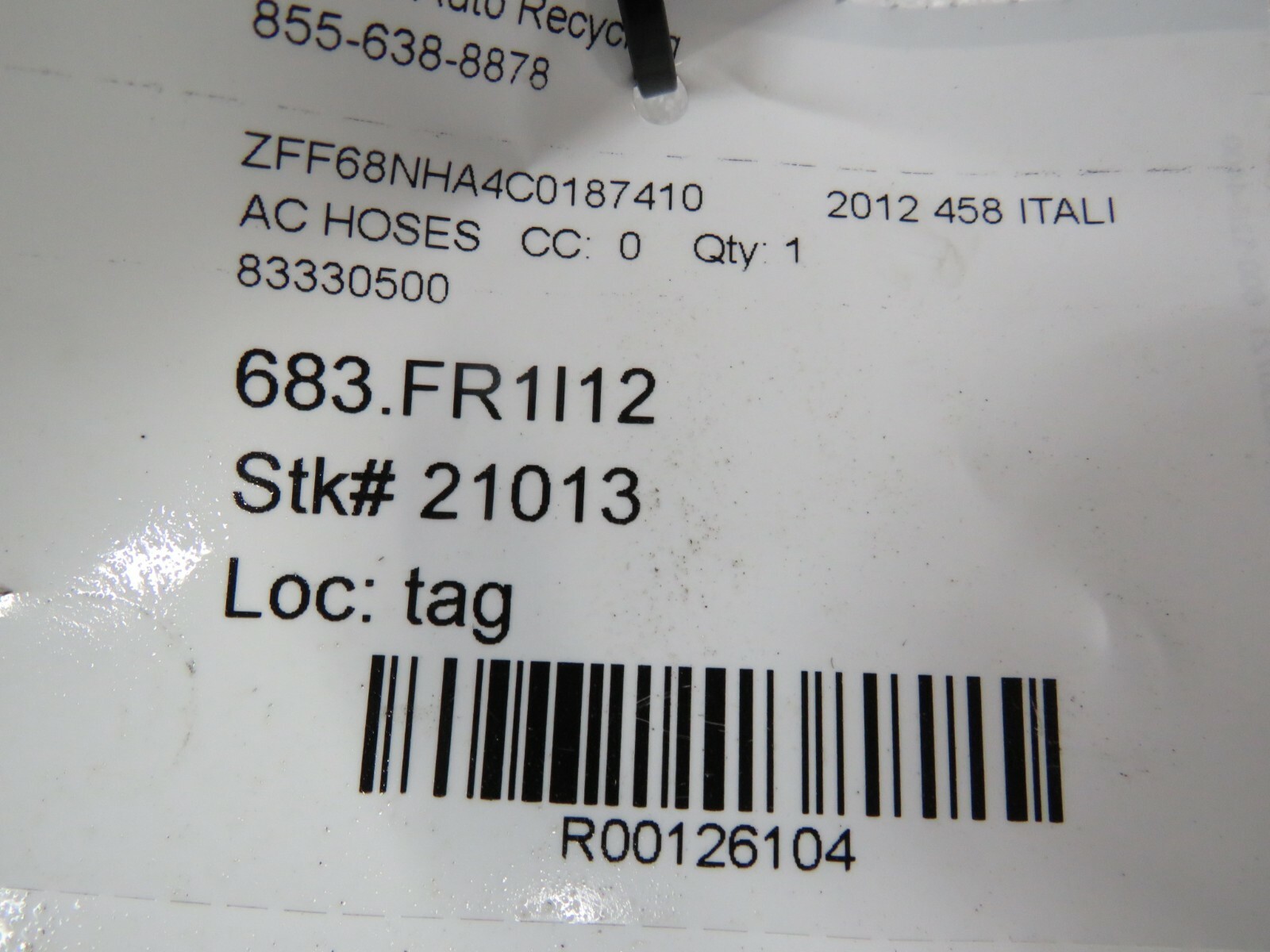 Ferrari 458 Italia, Spider, AC Compressor Hose Line, Used, P/N 83330500