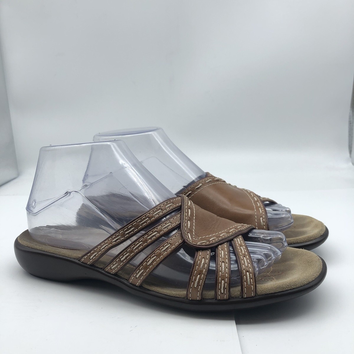 Clarks Stitc Brown Leather Multi-Strap Slides Sandals shoes Women's 7.5