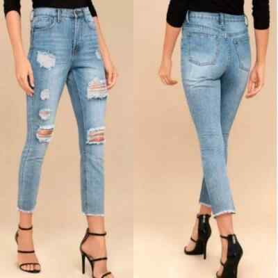Trace Denim High Rise Distressed Ankle Jeans Women s 29 Cropped Raw Hem NWT