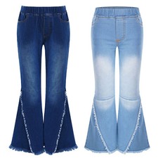 Kids Girls Raw Hem Flared Jeans Elastic Waist Bell-Bottoms Trousers Denim Pants
