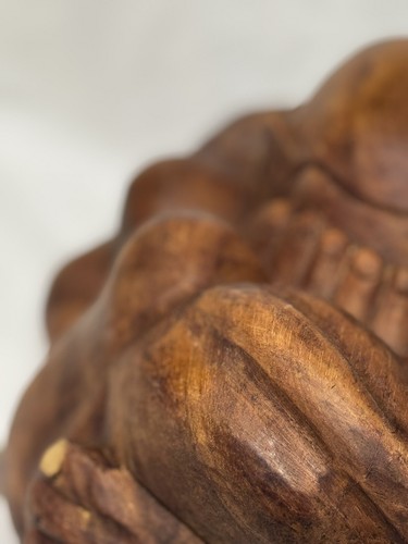 VTG Wood Carved WEEPING BUDDHA YOGI Man Meditative Ball Sculpture 7in X 9in EUC - Picture 13 of 21