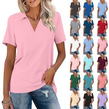 Women's Short Sleeve Shirts V Neck Summer Top Solid Casual Work Basic Tees