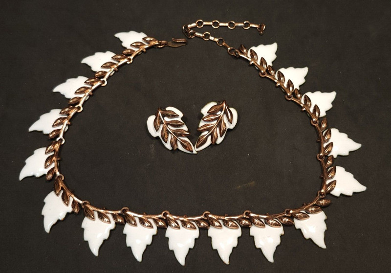 Renoir Matisse Necklace & Earrings Set Copper White Enamel Leaf Wedding Jewelry