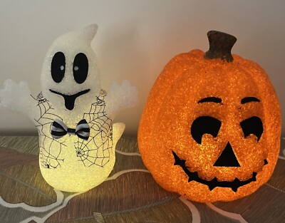 VTG Melted Plastic Popcorn Orange Pumpkin & Ghost Lighted Halloween Decor 9.5 