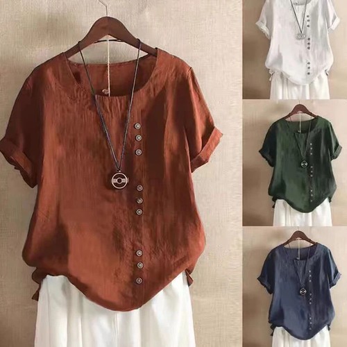 Plus Size Women Cotton Linen Baggy Tops Short Sleeve Casual Loose T-Shirt Blouse - Picture 20 of 29