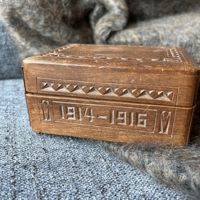 Antique Hand Carved Wooden Jewelry Box 1914-1916 WW1 Arts & Crafts Folk Art