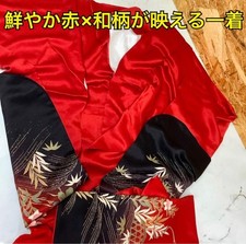 Pure Silk Kimono Red  Black Japanese Pattern Good Condition
