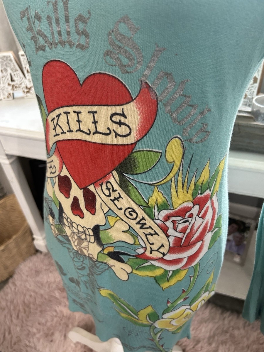 Y2K Vintage Ed Hardy Aqua Tattoo Skull LOVE KILLS SLOWLY Graphic