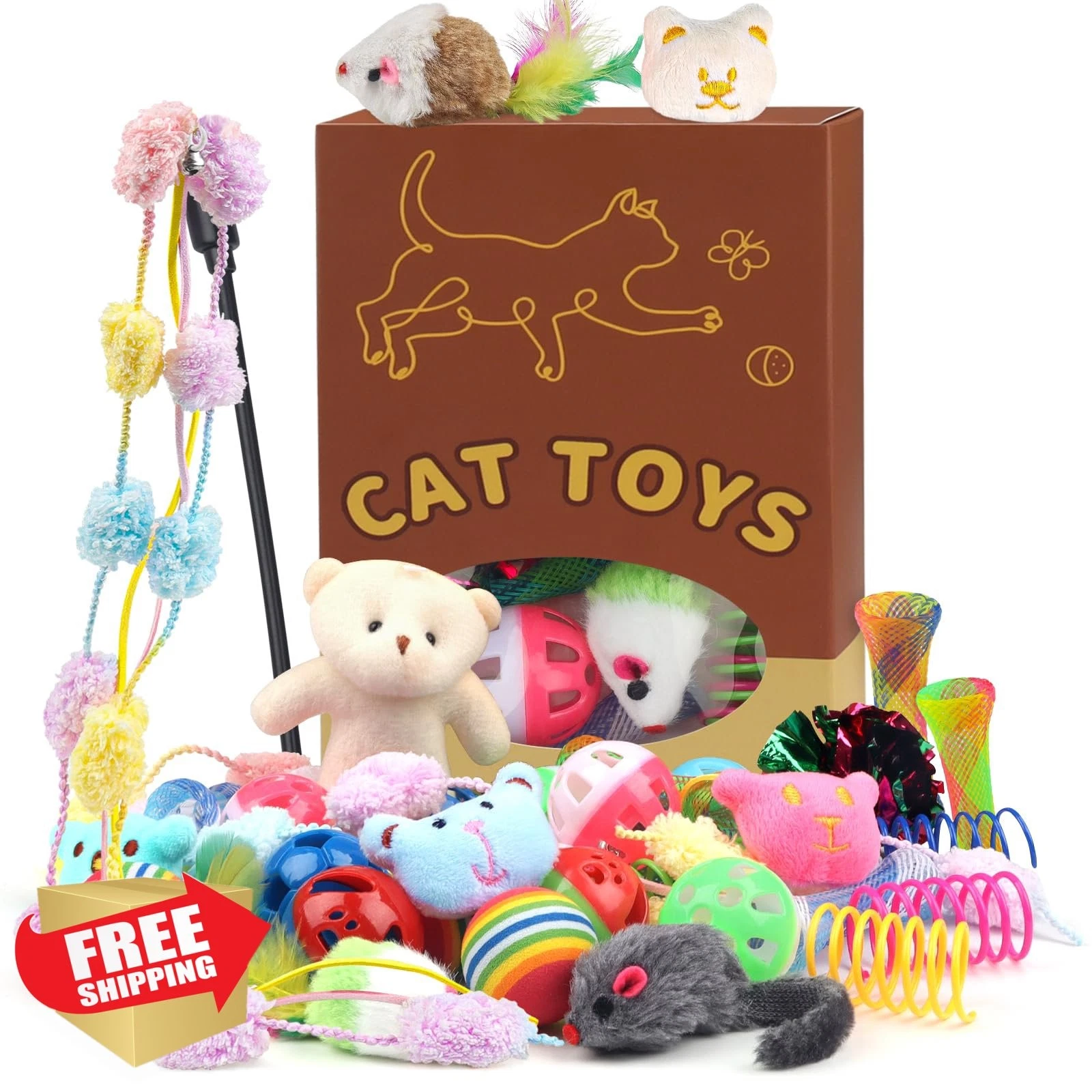 QUOZUO 30 Pcs Cat Toy Kitten Toys Set, Interactive Cat Toy Wand Cat Springs B...