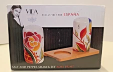 Vida by Eva Mendes for Espana Rose Print Ceramic Salt Pepper Bamboo Tray