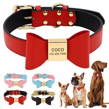 Leather Personalized Dog Collar Custom Pet ID Name Tag Free Engraving with Bow