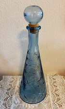 Vintage Aqua Blue Glass Decanter Bottle Embossed Sea Life Design Globe Stopper