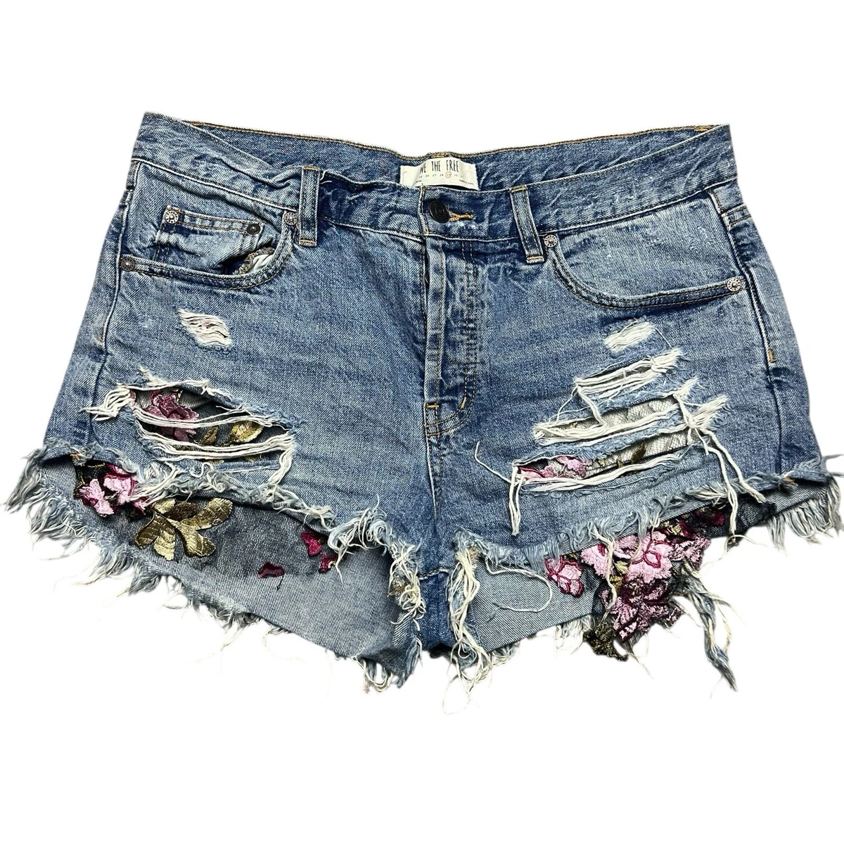 Short En Jean Délavé Free People Taille 24W - Bordure Crochet, Couleur Crème, Très Bon état