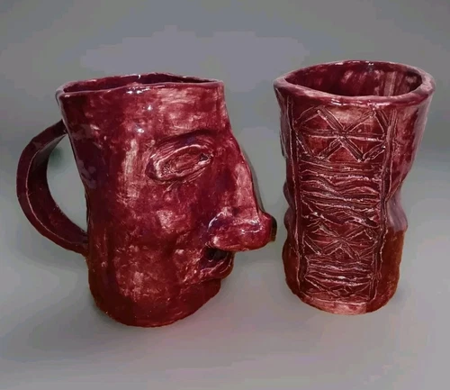 Vintage Brutalist Face Mug And Tumbler Set Studio Art Pottery Clay 3D Drip Glaze