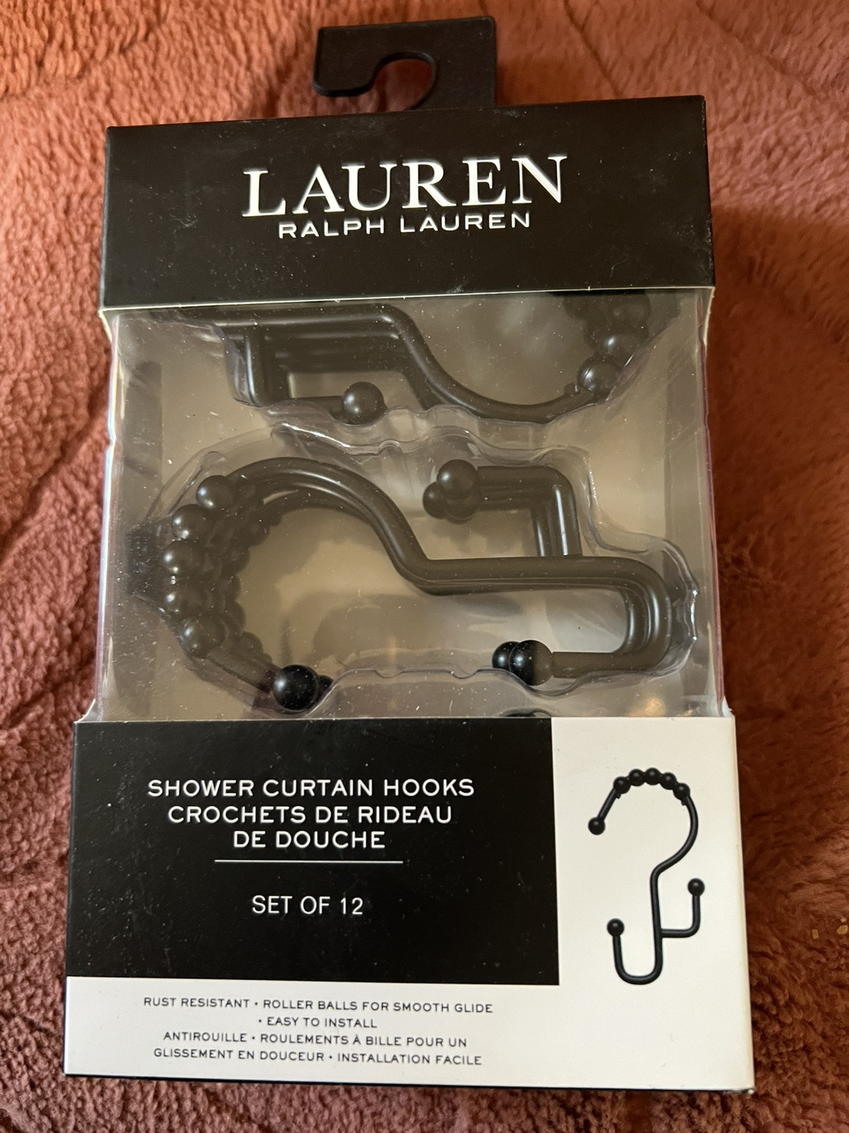Ralph Lauren Double Shower Curtain Hooks Set of 12 Satin Black Bath Metal
