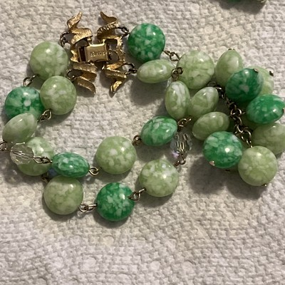 #ad Kramer Peking Glass Two Tone Green Double Strand Beaded Bracelet Earrings Vtg $45.00