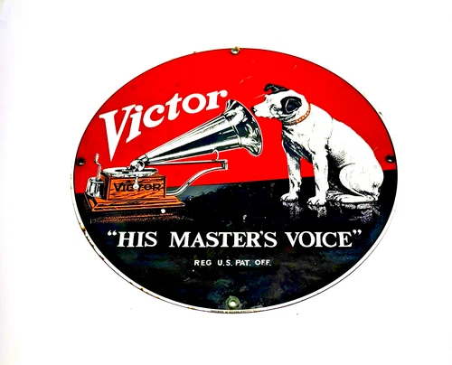 VINTAGE PORCELAIN ADVERTISING SIGN RCA "HIS MASTERS VOICE" NIPPER DOG