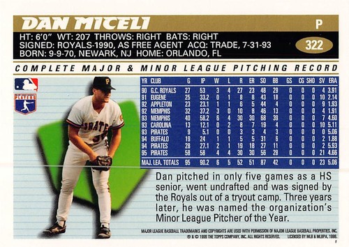 Dan Miceli 1996 Topps 322 Pittsburgh Pirates - Picture 2 of 2