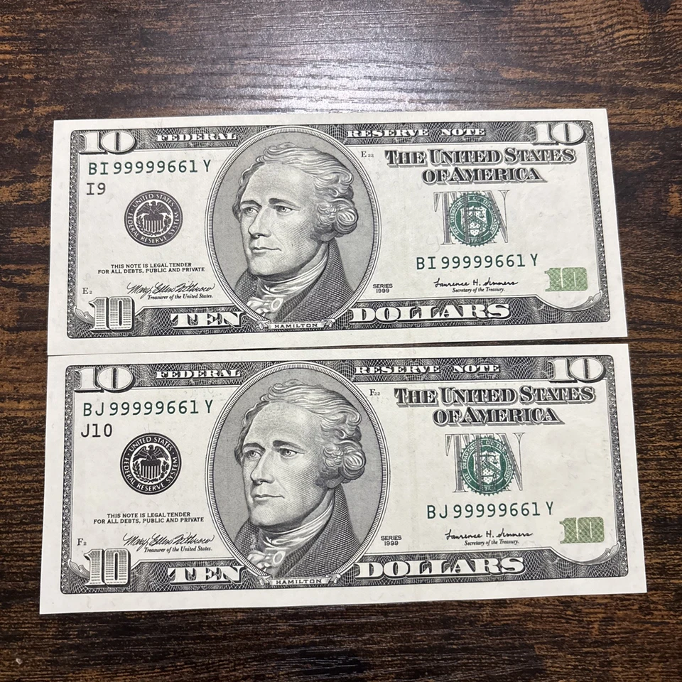 (HIGH SERIAL #)) $10 1999 ((GEM)) ((99999661)) (5 Of 6 Identical Serial # Sets) - Image 2 of 3