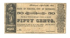 STATE OF VIRGINIA, CITY OF RICHMOND, APRIL 14TH 1862 FIFTY CENTS (50C) BANKNOTE STATE OF VIRGINIA, CITY OF RICHMOND, APRIL 14TH 1862 FIFTY CENTS (50C) BANKNOTE