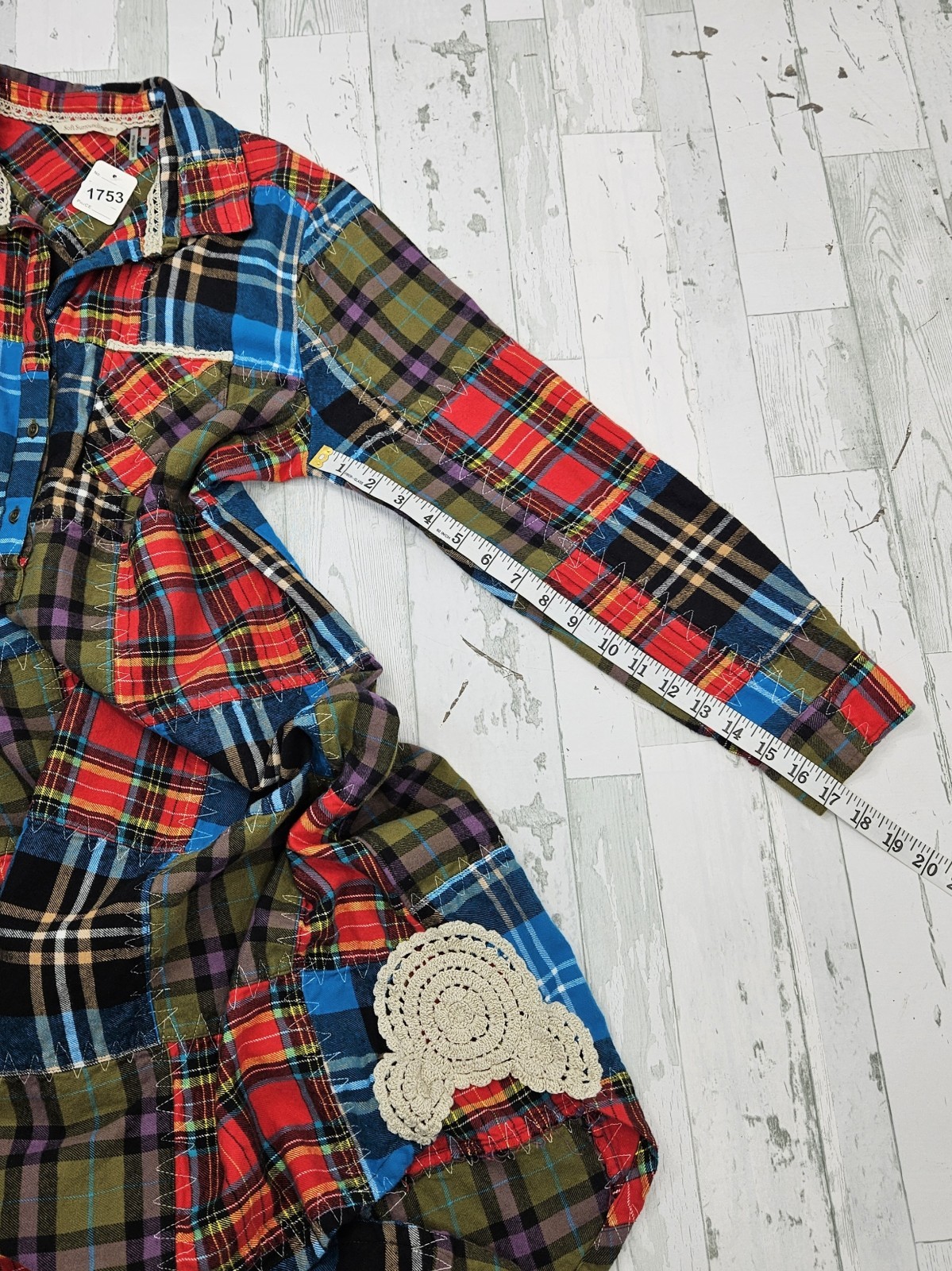 Soft Surroundings Patchwork Plaid Crochet Shirt D… - image 10