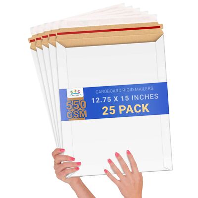12.75x15 Rigid Stay Flat Kraft Cardboard Mailer w/ Tear Tab White 25 ct