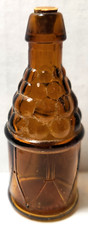 Vintage 3&rdquo; Amber Glass Bottle w/ Cork and Raised Grapes & Drum Pattern (Taiwan)