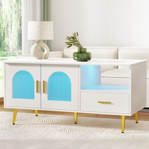 Artiss LED Coffee Table End Table Open Shelf Drawer Storage Living Room White - Picture 8 of 8