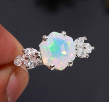 Ethiopian Opal Hexagon Shape Statement Ring Solid Silver Jewelry Engagement Gift