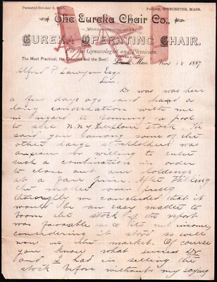 Eureka Chair Co - 1887 Worcester Lowell Ma - Gynecologist  Chairs - Letter Head