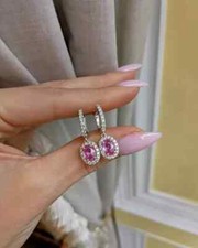3.66 Ct Oval Natural Pink Sapphire & Diamond dangle drop Earrings 14K White Gold