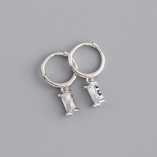 925 Sterling Silver Huggie Hoop Earrings with Baguette CZ Charm A4158