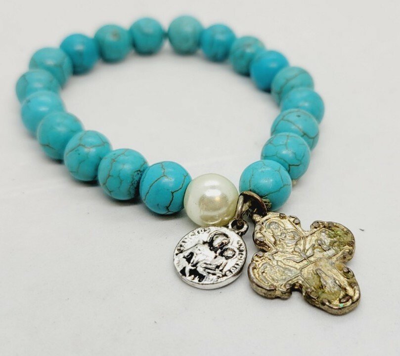 Turquoise Colored Dyed Stone Ball Religious Charms Stretch Bracelet Religious