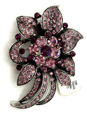 Express Crystal Floral Rhinestone Brooch PurplePink Silvertone Statement Pin NWT