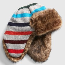 NEW Baby Gap Cozy Crazy Stripe Faux Fur Lined Trapper Hat Grey XS/S S/M S M NWT