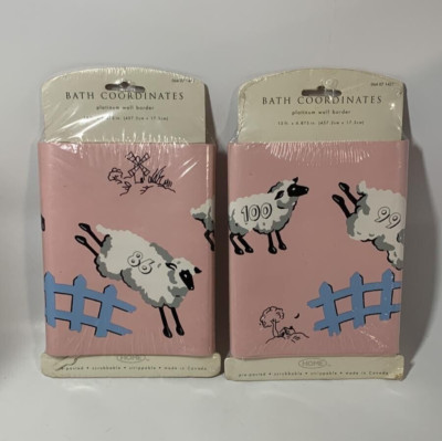 2X New Home Bath Coordinates Platinum Wall Border Sheep on Pink 15 Feet x 6.8''