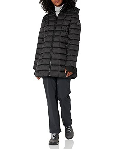 Hfx Women's 3/4 Midweight Puffer Jacket Zipper Front Power Stretch Knit Cuffs Thumbholes Faux Fur Collar Water Resistant 31\