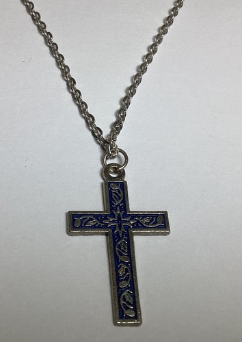 VINTAGE 19” CROSS NECKLACE SILVERTONE WITH BLUE ACCENT