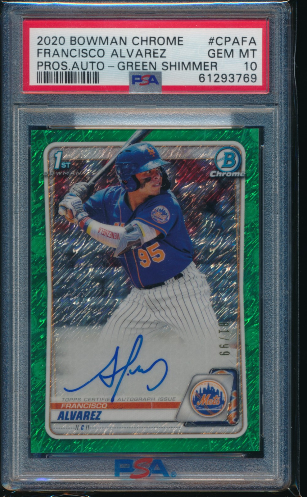PSA 10 FRANCISCO ALVAREZ AUTO 2020 Bowman Chrome GREEN REFRACTOR /99 RC GEM MINT