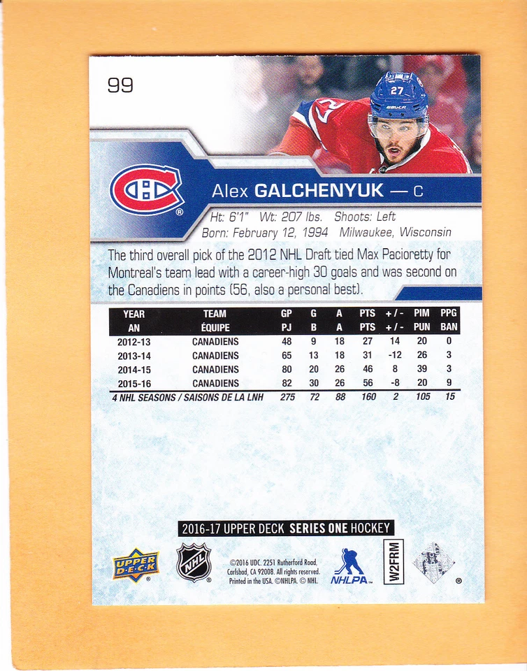 ALEX GALCHENYUK #99 2016 17 UPPER DECK MONTREAL CANADIENS NM-MT - Image 2 of 2