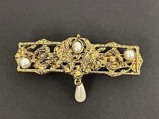 Vintage Filigree Gold Tone Faux Pearls Hair Barrette Korea