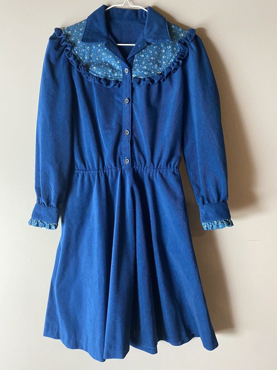 Vintage Corduroy Solid Blue Floral Collar Handmade Dress Small | eBay