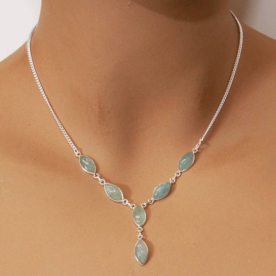 Acquamarina Argento Collana 925 Collier 40 CM Collana Pietre Preziose Cabochon - Immagine 2 di 3