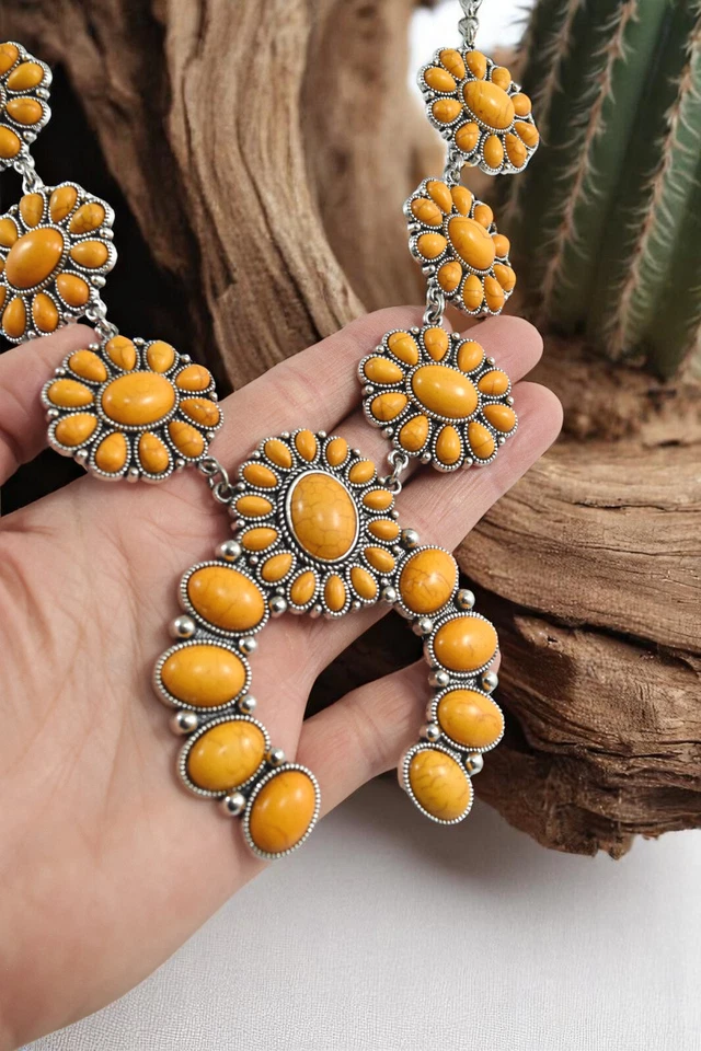 Conjunto de colar e brincos de pedra turquesa falsa amarela flor de abóbora - Imagem 4 de 4